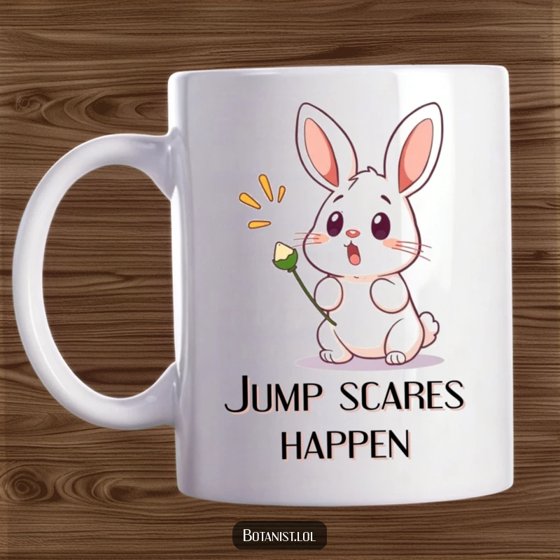 Funny mug showing a surprised bunny with wide eyes, startled by a seed pod that is suddenly popping open, creating a comical scene.