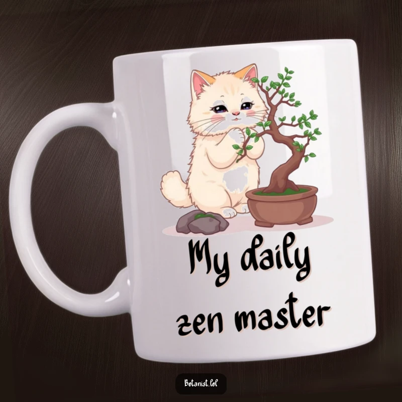 Funny mug featuring a fluffy cat meticulously pruning a tiny bonsai tree with utmost concentration and feline grace.