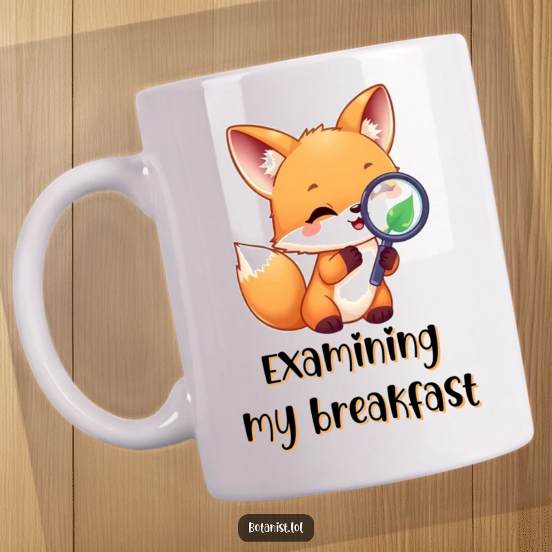 Funny joyful fox cub peering at a leaf through a magnifying glass, showing curiosity and excitement. A great gift.