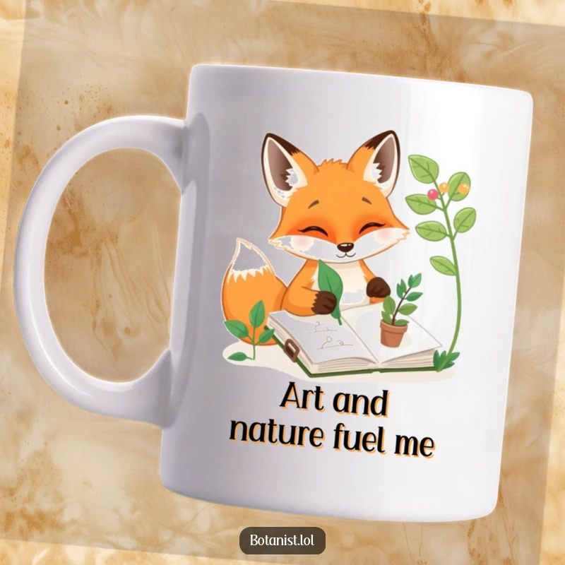 Funny mug featuring a happy fox artistically sketching plants in a sketchbook, using a leaf as a pencil, a creative funny gift.