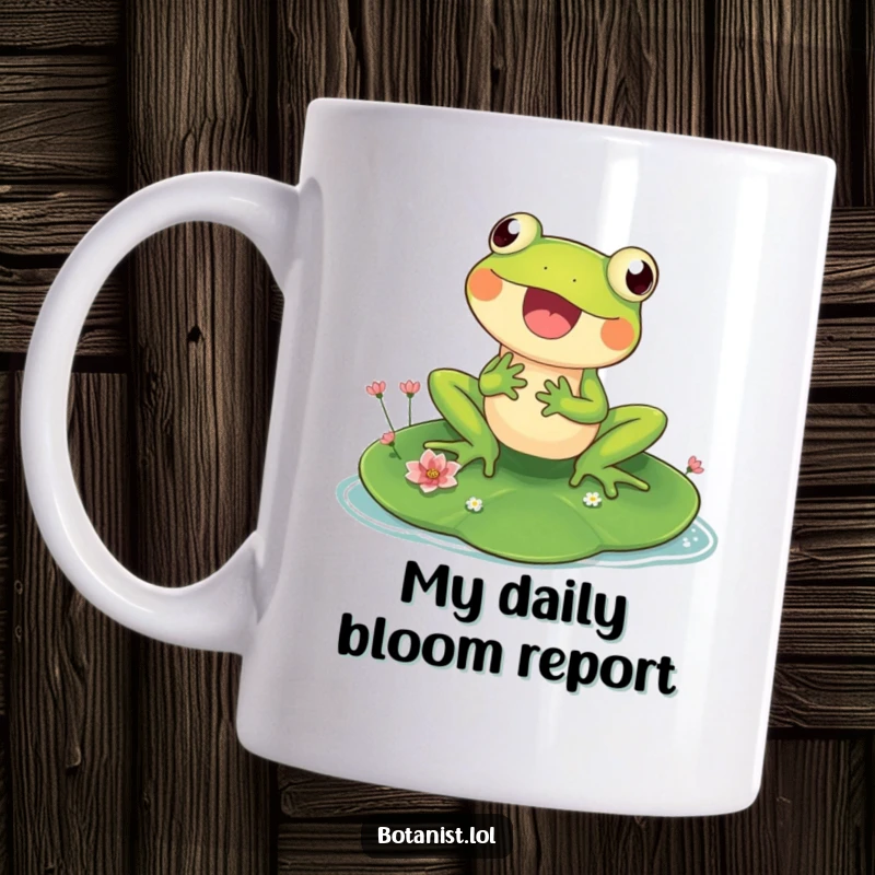 Funny frog mug featuring a delighted frog on a giant lily pad, curiously inspecting tiny flowers, embodying peaceful humor.