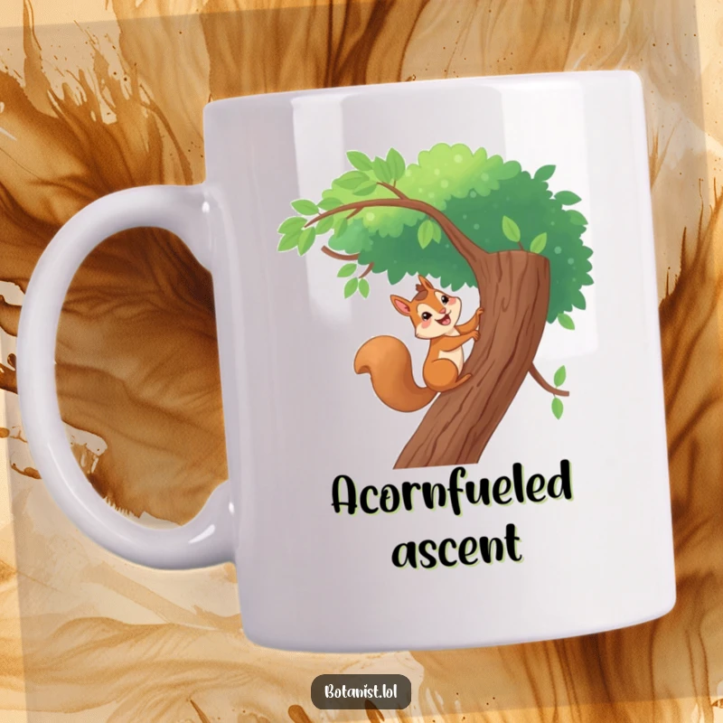 Funny mug featuring a giggling squirrel bravely ascending a tall, leafy tree with a look of pure exhilaration.