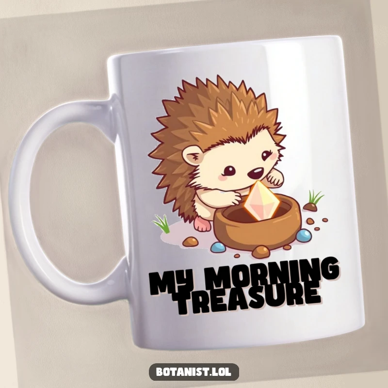 Funny hedgehog mug showing a determined hedgehog digging in a pot and unearthing a sparkling gem, a humorous treasure hunt scene.