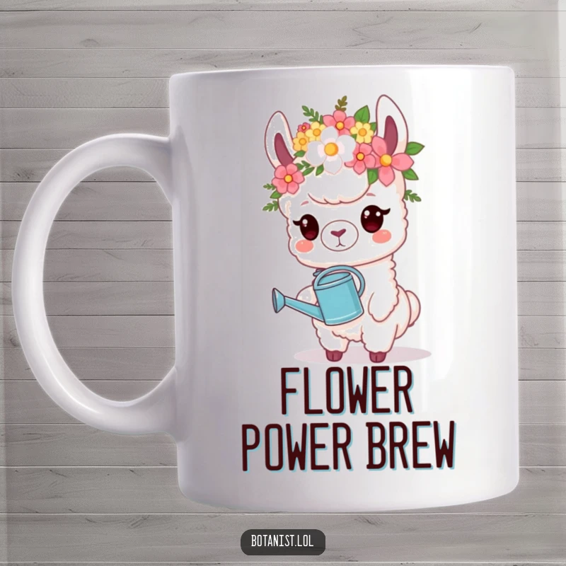 Funny Mug: A proud llama proudly wears a flower crown and holds a watering can, looking ready for garden duties.
