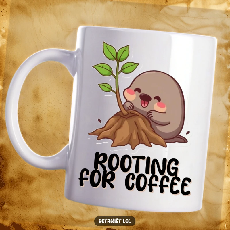 Funny Mug: A determined mole joyfully tunnels around plant roots, radiating enthusiasm for gardening.