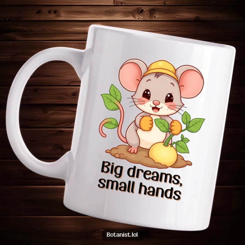 Funny Mouse Mug featuring a happy mouse in gardening gloves enthusiastically planting an enormous seed, symbolizing big potential.