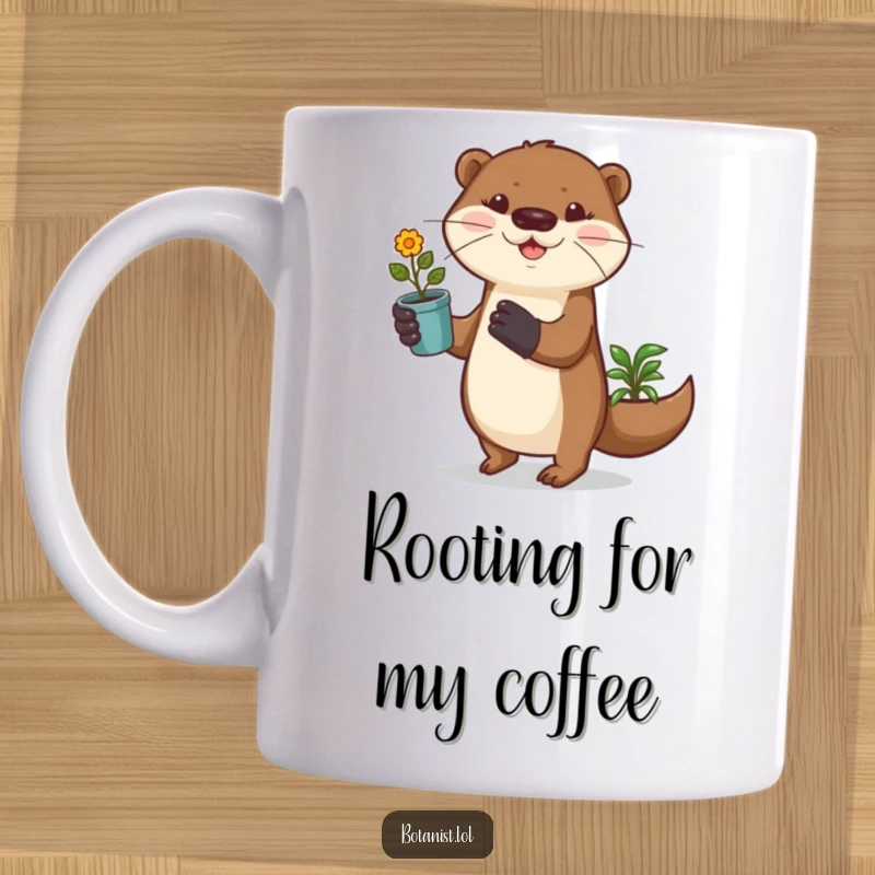 Funny playful otter wearing gardening gloves joyfully prances with a small potted plant, making this mug incredibly cheerful.