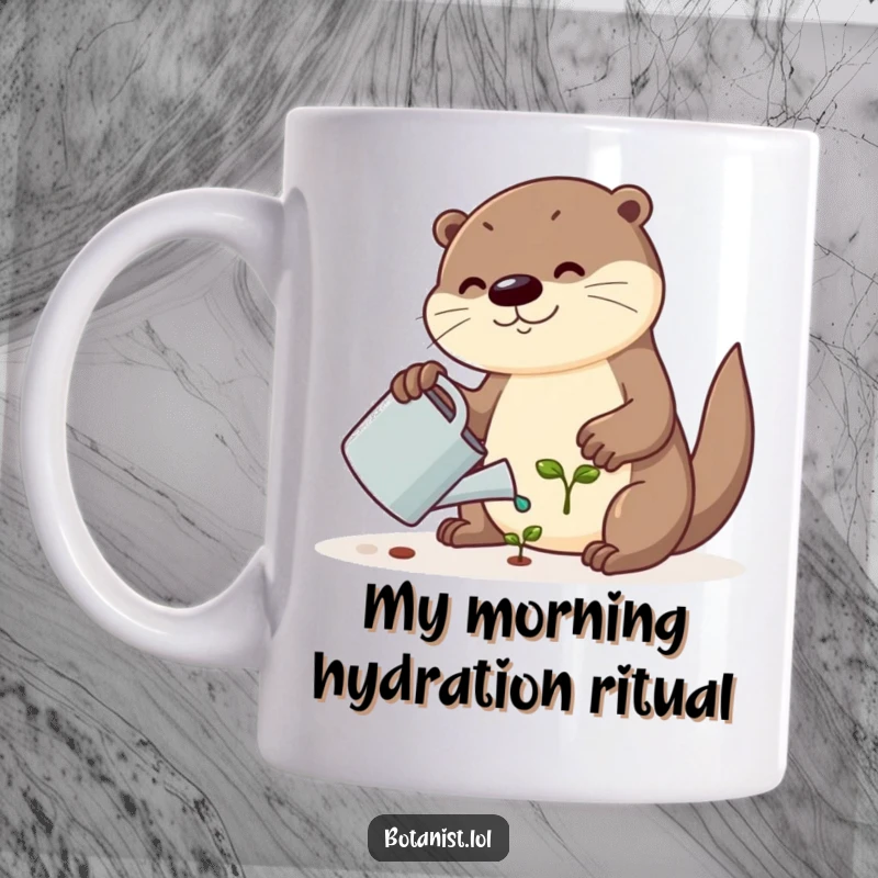 Funny otter mug with a tiny watering can nurturing a smiling seedling, expressing gentle humor and love for gardening.