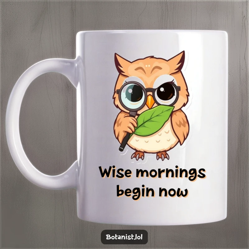 Funny owl detective mug, a determined owl wearing a magnifying glass, closely observing a detailed leaf, embodying wisdom and humor.