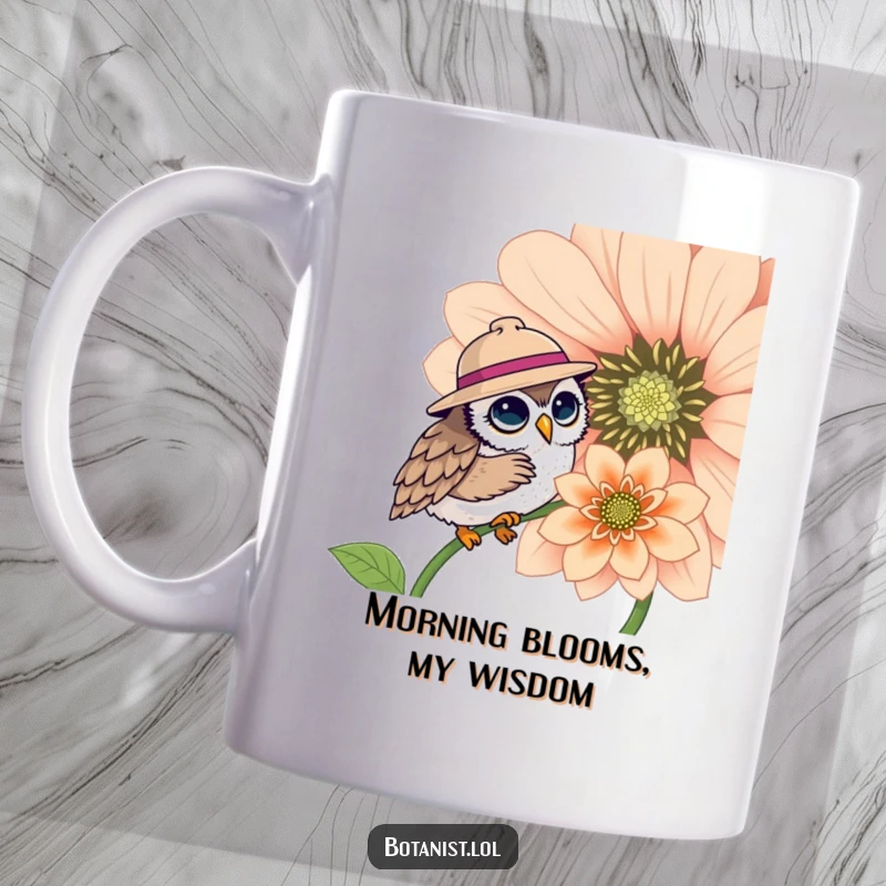 Funny mug featuring a cute owl in a hat, peering intently at a large, vibrant blooming flower, a whimsical funny gift.