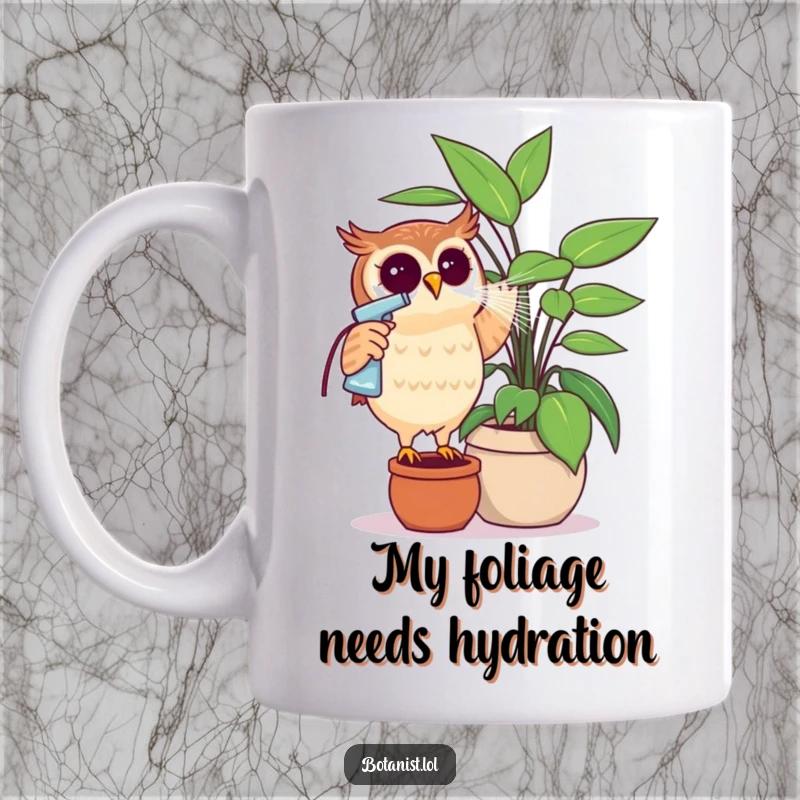Funny owl watering a giant plant with a spray bottle, expressing curiosity and dedication. A humorous gift for plant lovers.