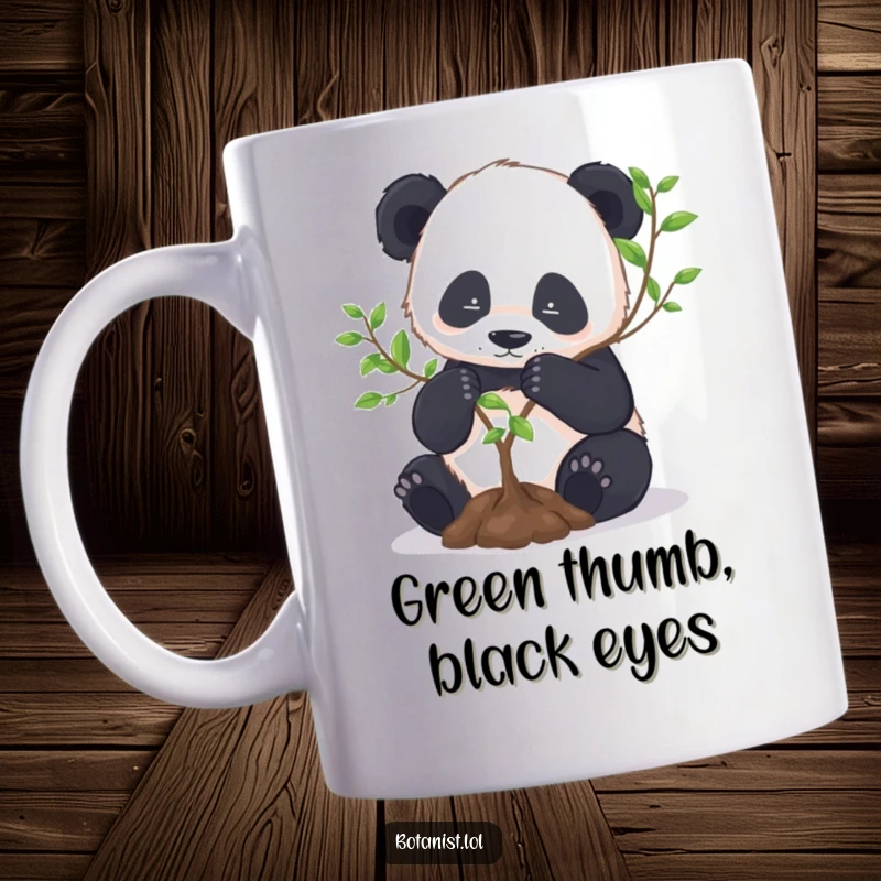 Funny Panda Mug: A focused panda carefully repots a tiny tree with both paws, embodying patient nurturing and gentle effort.