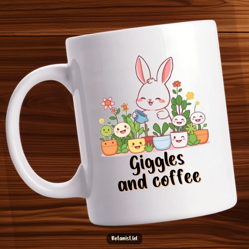 Funny rabbit gardener mug, a giggling rabbit happily watering oversized smiling plants, spreading joy and plant love.