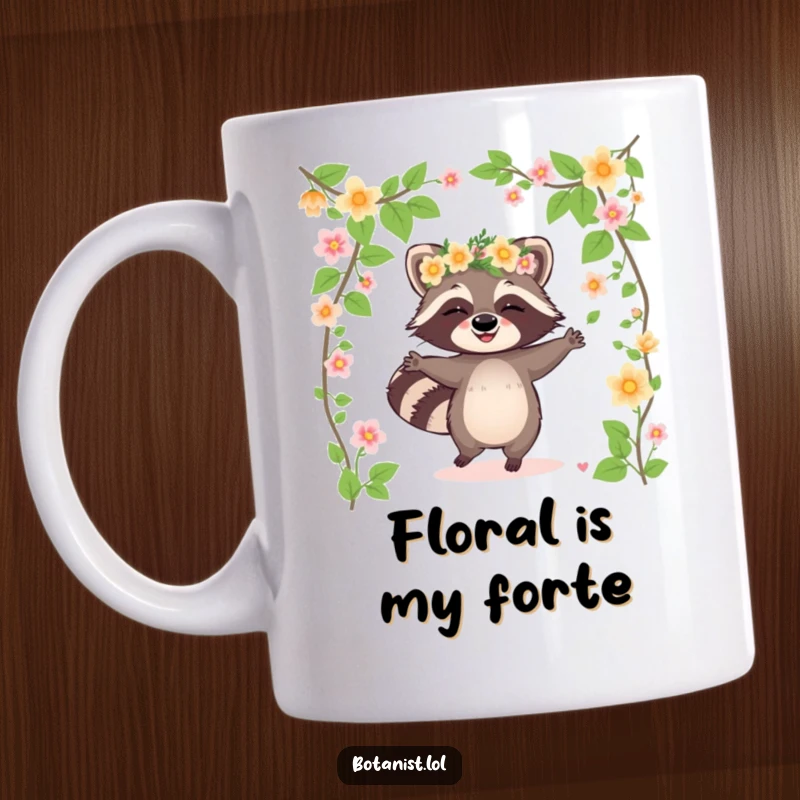 Funny raccoon mug showing a giggling raccoon wearing a flower crown and dancing among blooming vines, a whimsical and joyful scene.