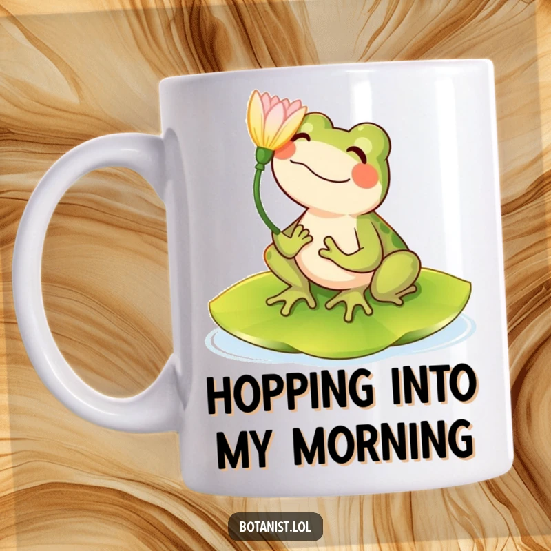 Funny mug featuring a happy frog perched on a lily pad, gazing admiringly at a vibrant flower.