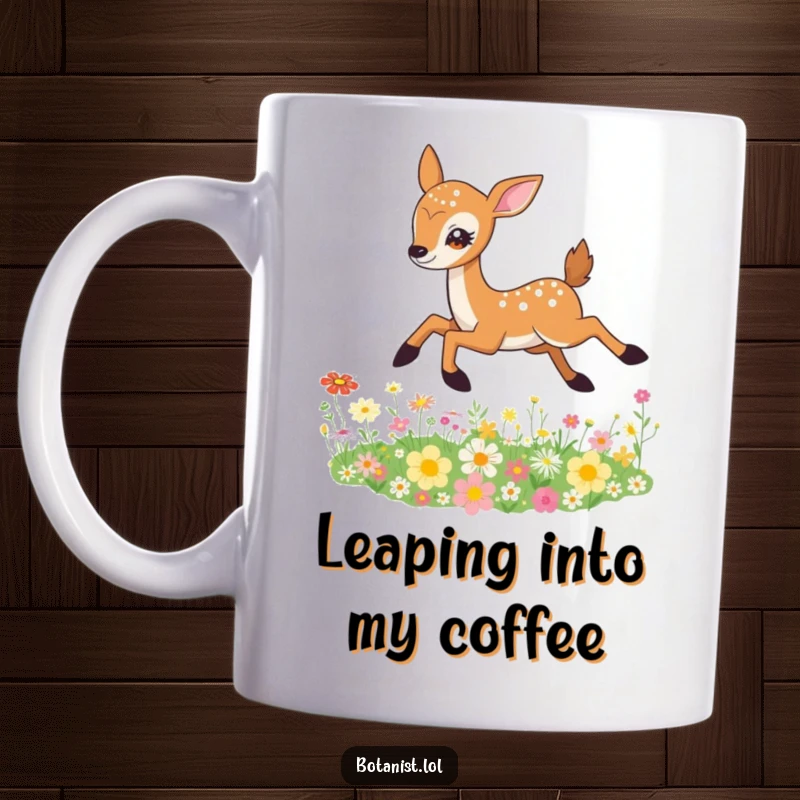 Funny Deer Mug depicting a graceful deer leaping over a vibrant bed of wildflowers, with sparkling eyes, embodying freedom.