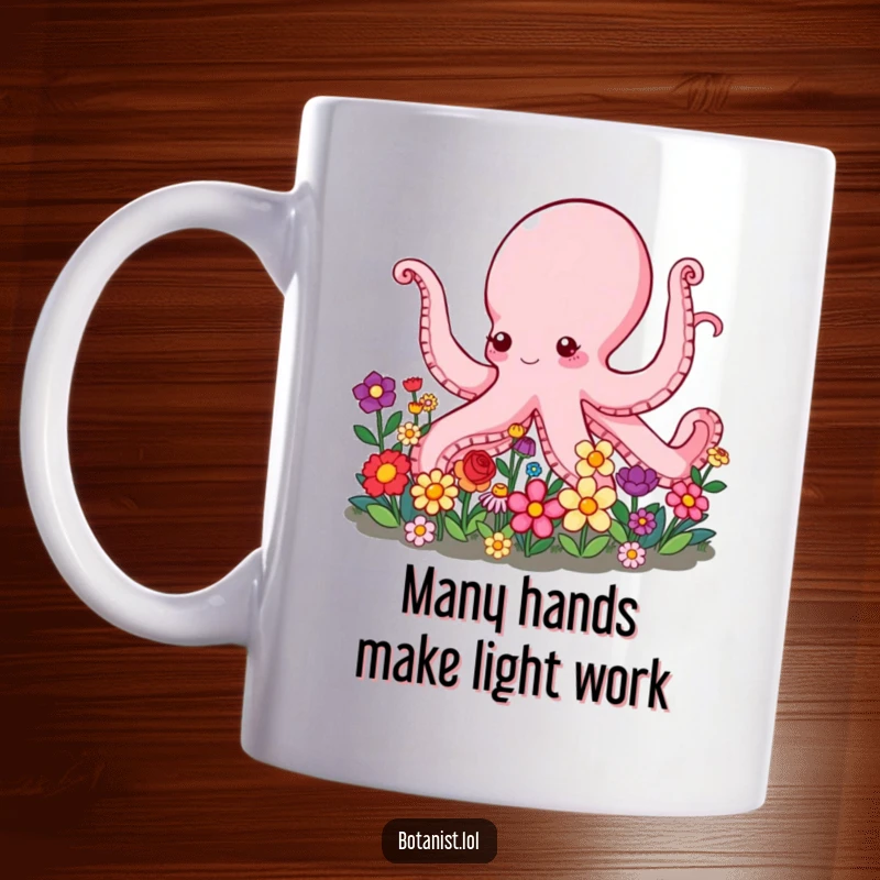 Funny Octopus Mug showing a cheerful octopus with many arms gently caring for a colorful, blooming flower garden, for plant lovers.