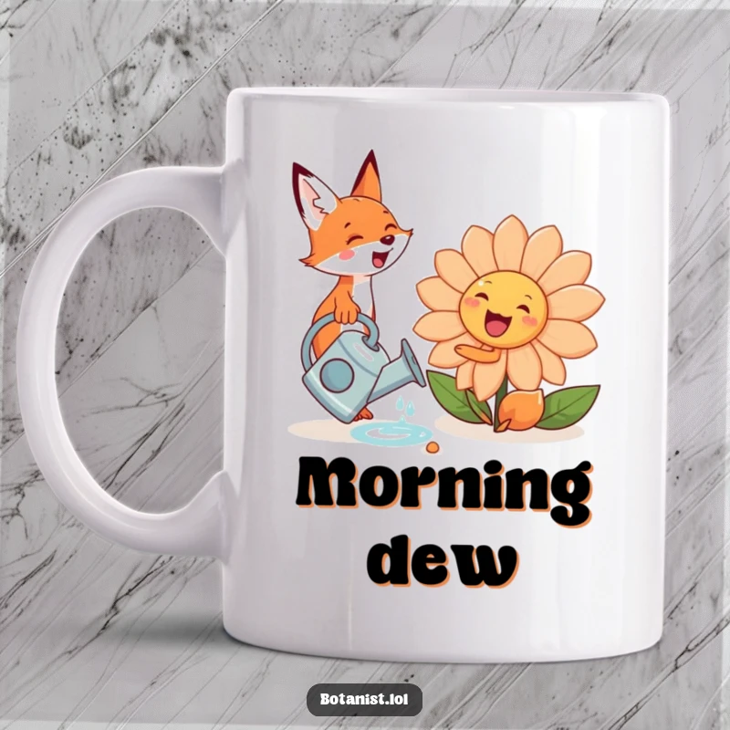 Funny, cute fox with a tiny watering can, excitedly watering a giant, smiling flower on a coffee mug.