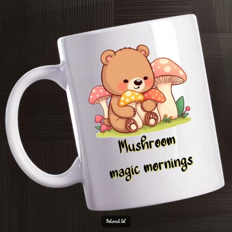 Funny bear cub mushroom mug, showing a contented cub gently caring for oversized vibrant mushrooms, bringing warmth and smiles.