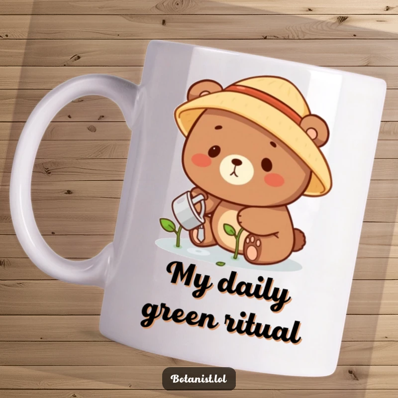 Funny bear gardener mug with a happy bear in a straw hat watering a tiny green sprout, symbolizing growth and joy.