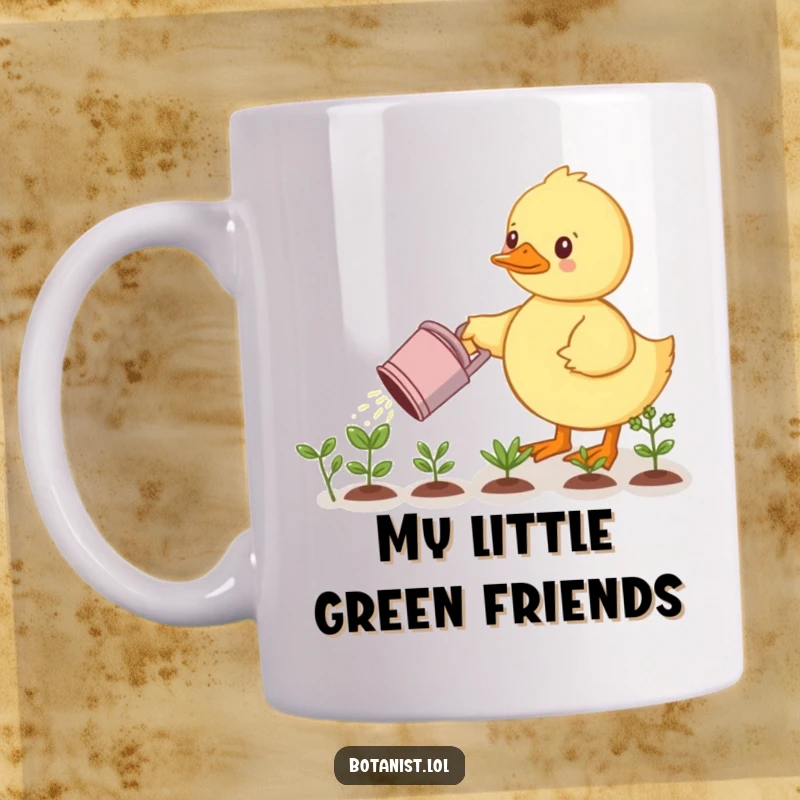 Funny mug: A small, determined duckling diligently waters a row of miniature plants with a tiny watering can. A cute gardening gift.