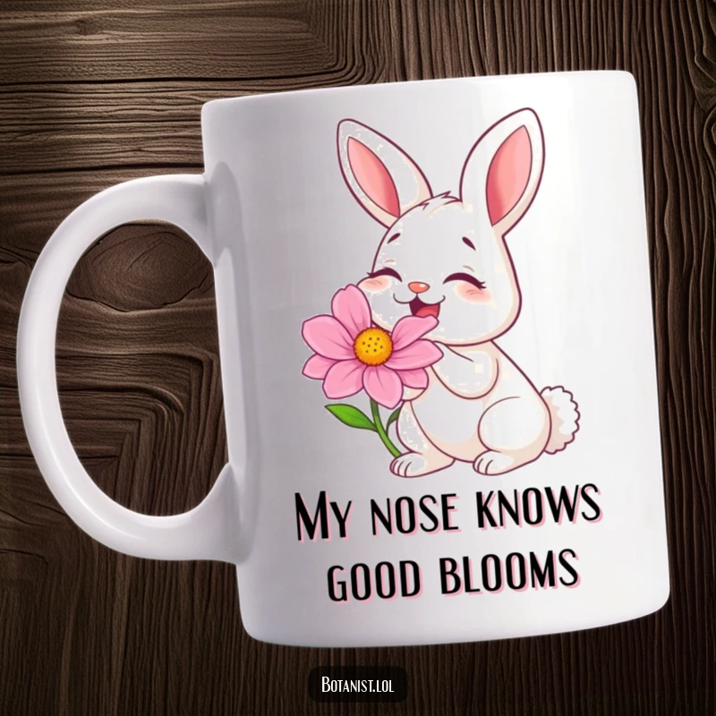 Funny mug with a giggling bunny deeply inhaling the sweet scent of a giant, colorful flower, expressing pure joy.
