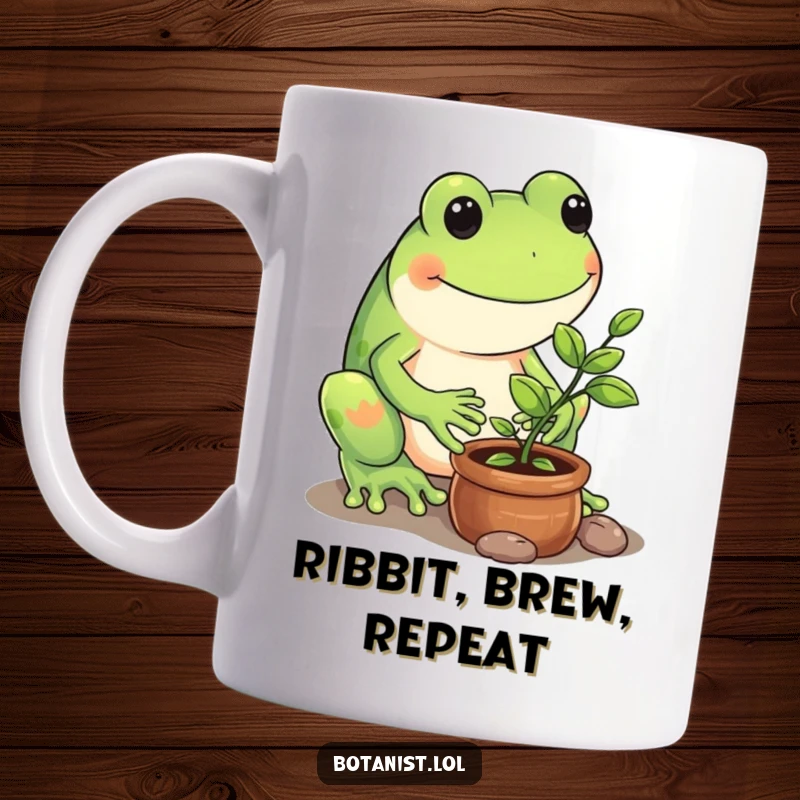 Funny mug illustration of a playful frog carefully watering and tending to a tiny potted sapling with great care.