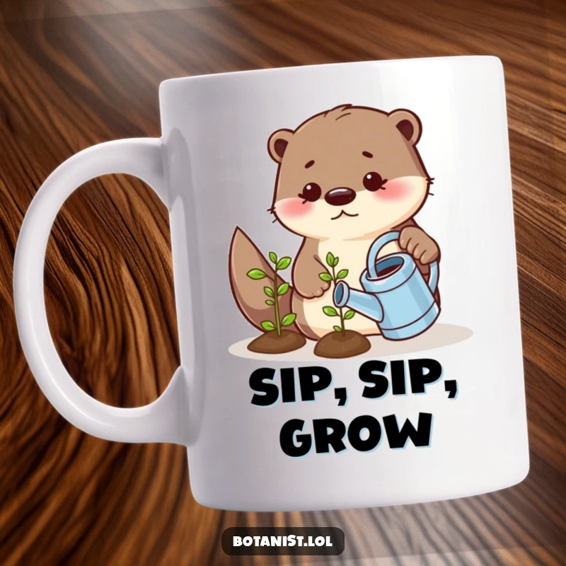 Funny mug depicting a playful otter using a tiny watering can to lovingly water a small, smiling seedling, symbolizing growth and joy.