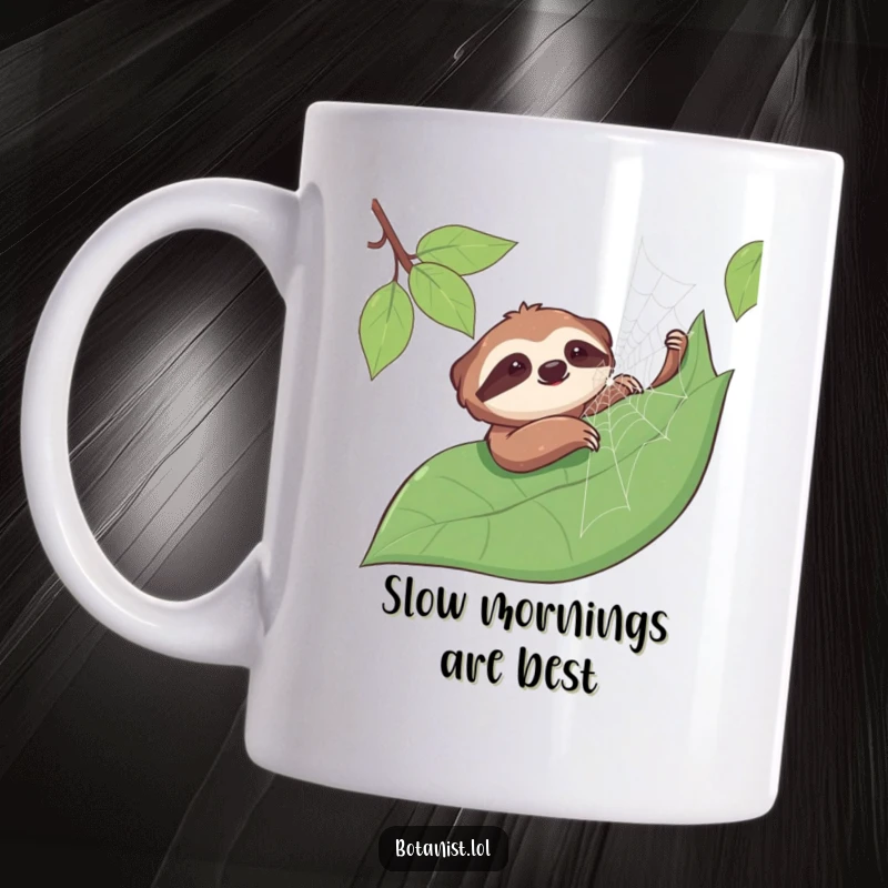 Funny sloth mug showing a smiling sloth gently stroking a dewy spiderweb on a large leaf, a peaceful and humorous scene.