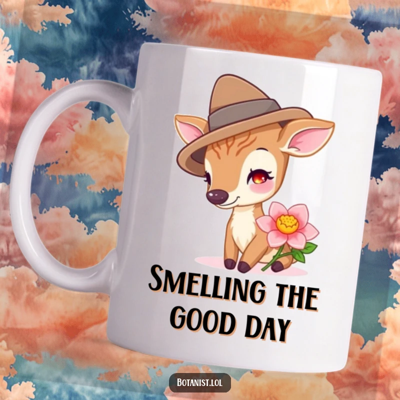 Funny happy deer wearing a stylish hat, sniffing a vibrant, freshly cut flower on this delightful mug.