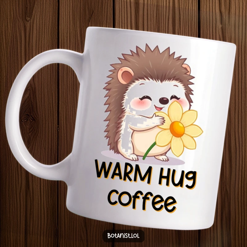 Funny mug featuring a happy hedgehog gently hugging a flower, symbolizing kindness and love.
