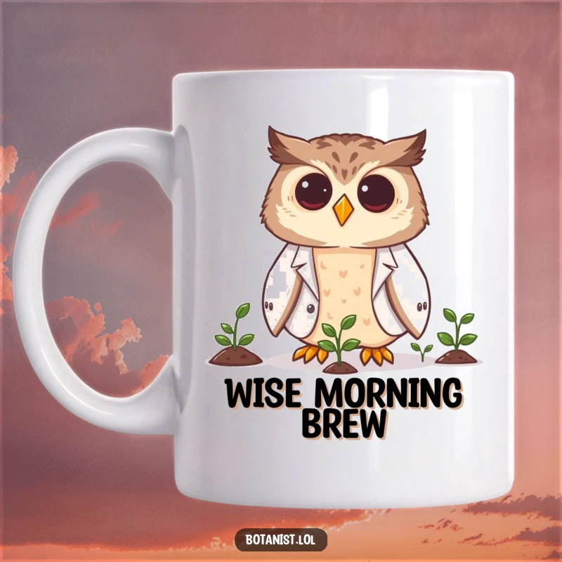 Funny owl scientist mug with a smiling owl in a lab coat observing tiny, vibrant green growing plants.