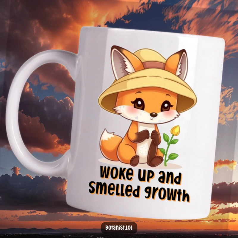 Funny fox mug, wearing a sunhat, curiously examining a tiny sprout with wide-eyed delight and wonder.