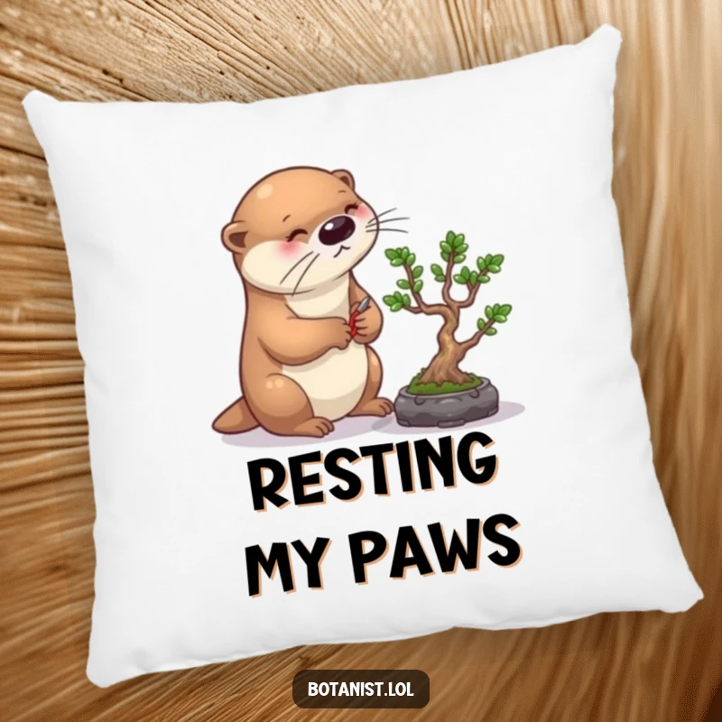 Funny otter bonsai pillow, showing a diligent otter carefully pruning a bonsai tree, perfect for cozying up with precision.