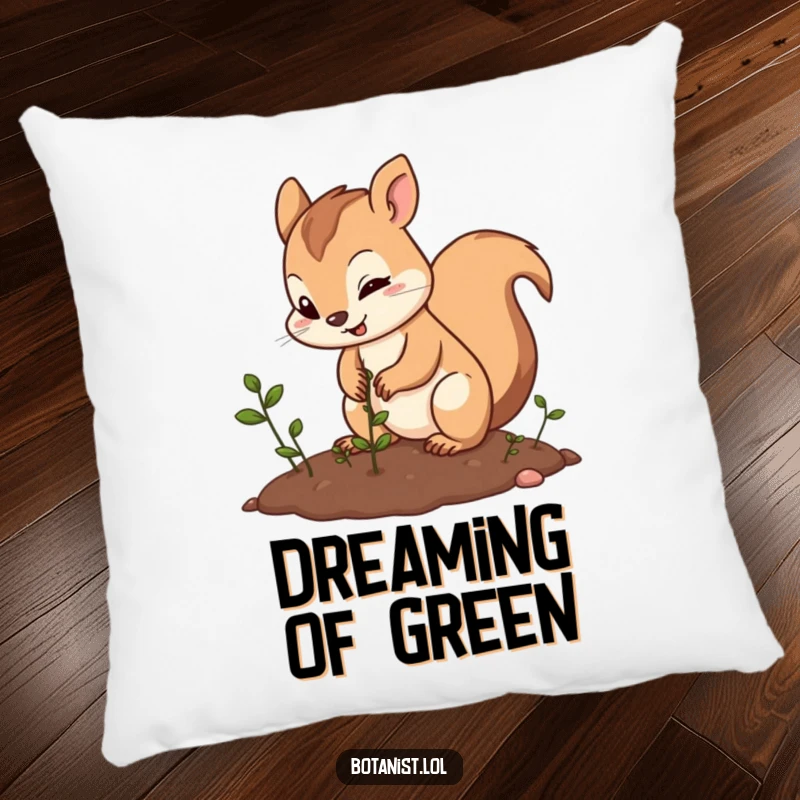 Funny squirrel gardener pillow, featuring a determined and cheerful squirrel planting seeds, offering comfort and a dose of laughter.
