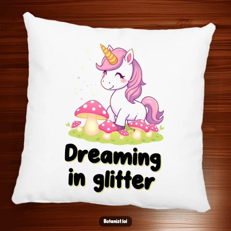 Funny Unicorn Pillow with a magical scene of a unicorn sprinkling pixie dust onto glowing, enchanted mushrooms, perfect for fantasy fans.