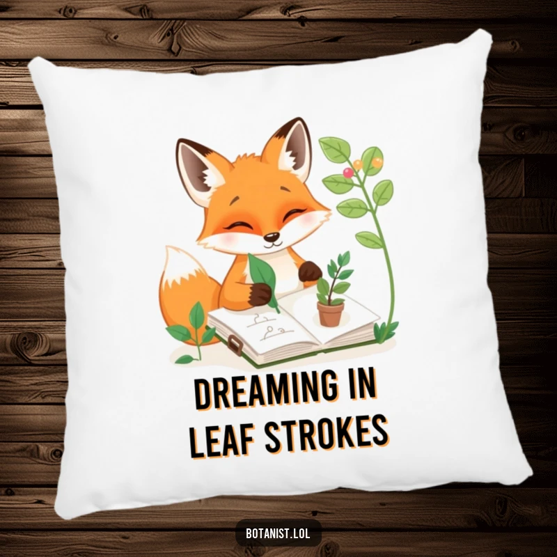 Funny pillow featuring a happy fox sketching plants in a sketchbook with a leaf, a soft funny gift.