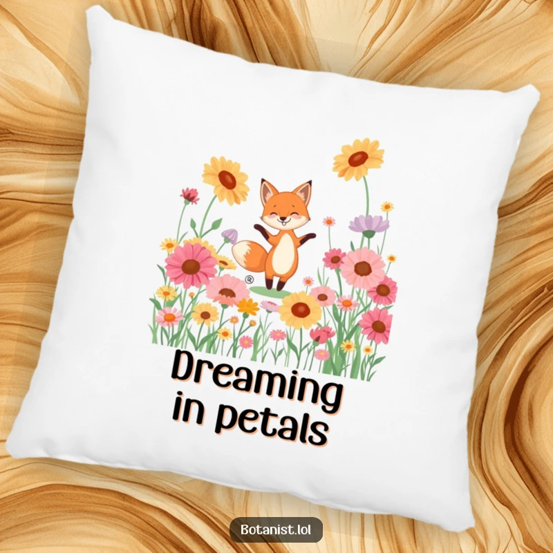 Funny pillow showing a happy fox dancing joyfully in a field of oversized, brightly colored wildflowers.