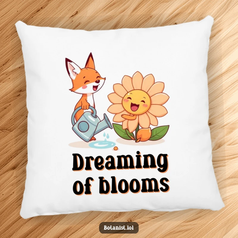 Cute, funny fox with a watering can, watering a giant, smiling flower, offering plush comfort and humor on a pillow.