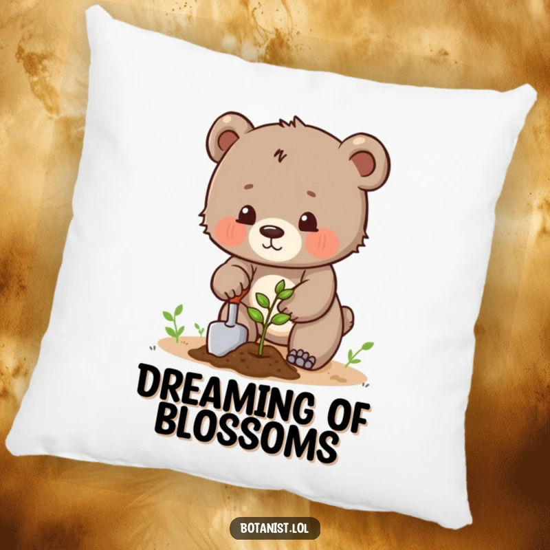 Funny determined bear cub planting a seed with a trowel, a comfortable and humorous decorative pillow. Ideal gift.