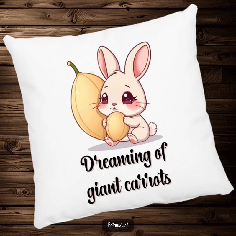 Funny pillow: A plush cushion displaying a wide-eyed rabbit studying a colossal, sparkling seed. A comfortable and funny decorative gift.