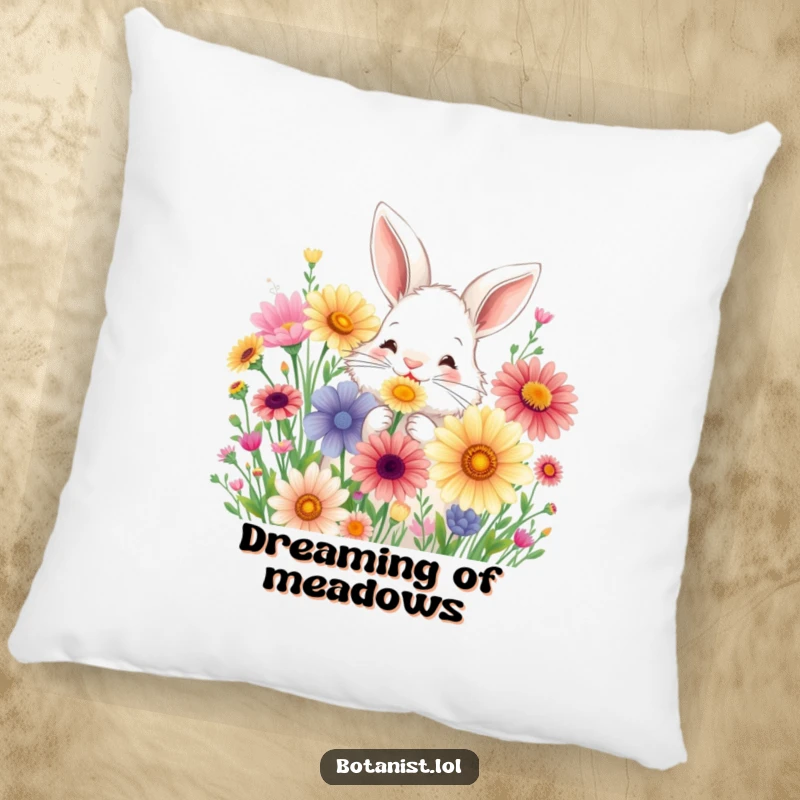 Funny pillow featuring a fluffy bunny joyfully sniffing a bouquet of oversized, colorful wildflowers.