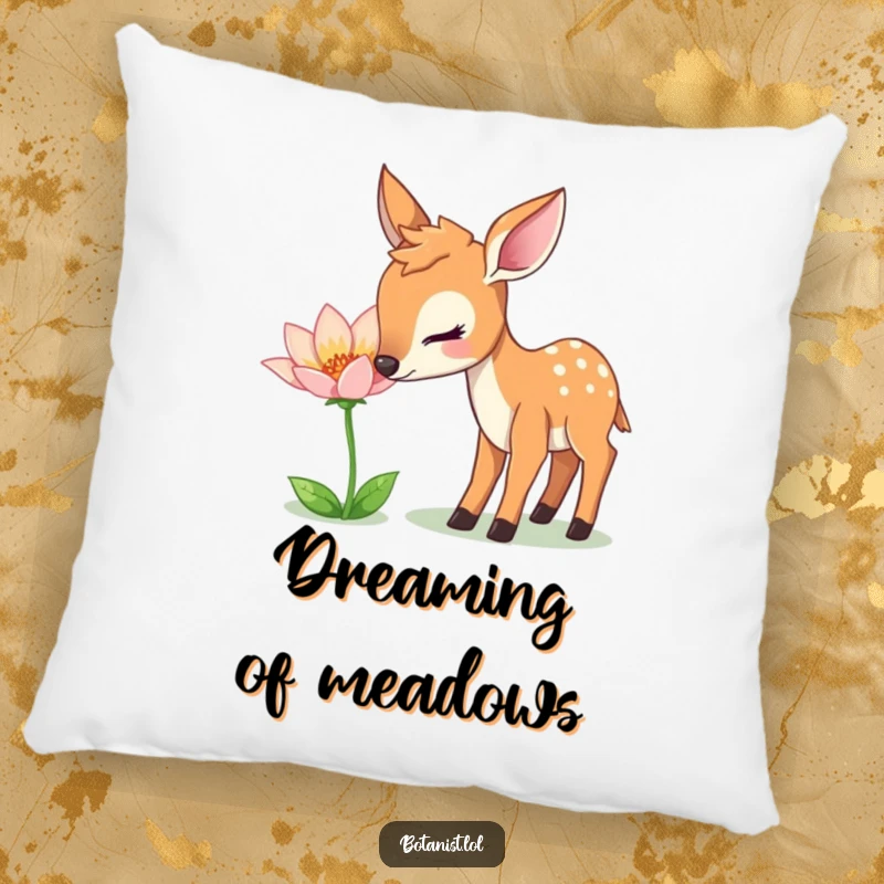 Funny Pillow: A gentle deer curiously sniffs a unique, shimmering flower, bringing serene comfort to any space.