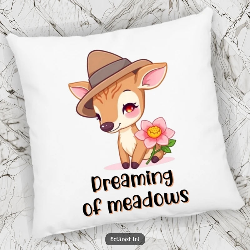 Funny deer wearing a hat, sniffing a vibrant flower, featured on this soft and whimsical pillow.