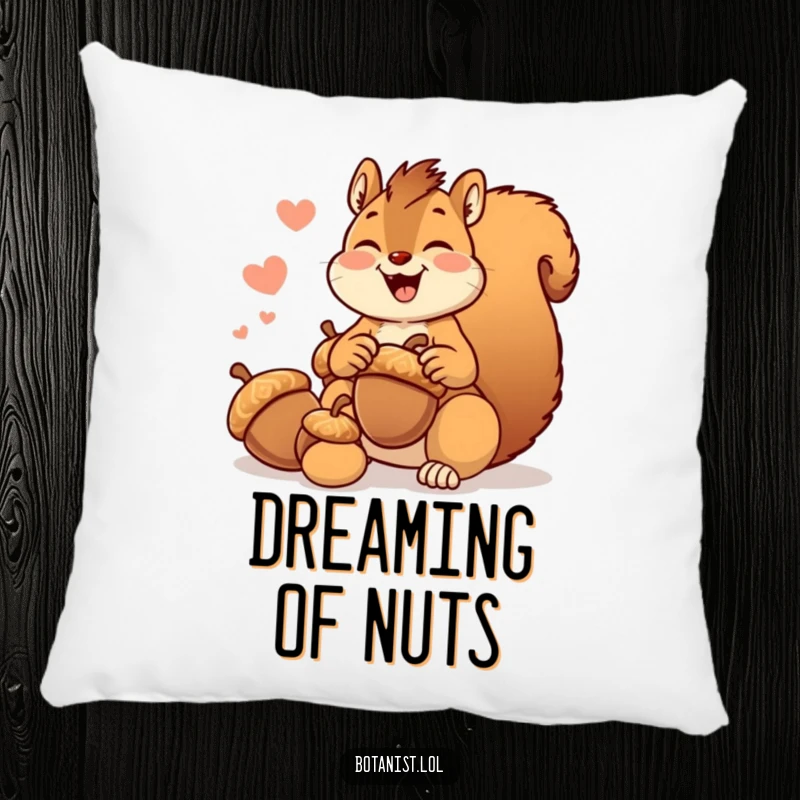 Funny giggling squirrel pillow, joyfully gathering huge acorns, offering plush comfort and humorous appeal.
