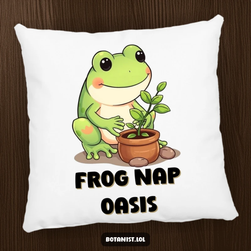 Funny pillow illustration of a playful frog carefully tending to a tiny potted sapling, bringing garden vibes.