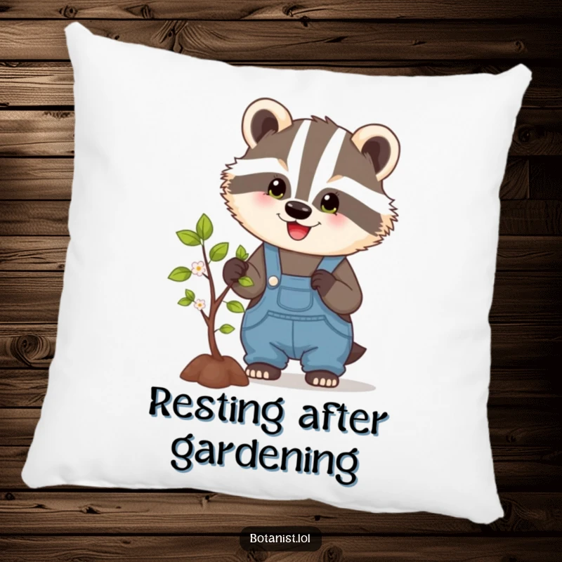 Funny pillow featuring a happy badger in overalls, tending to a small tree, bringing cute and humorous hardworking vibes.