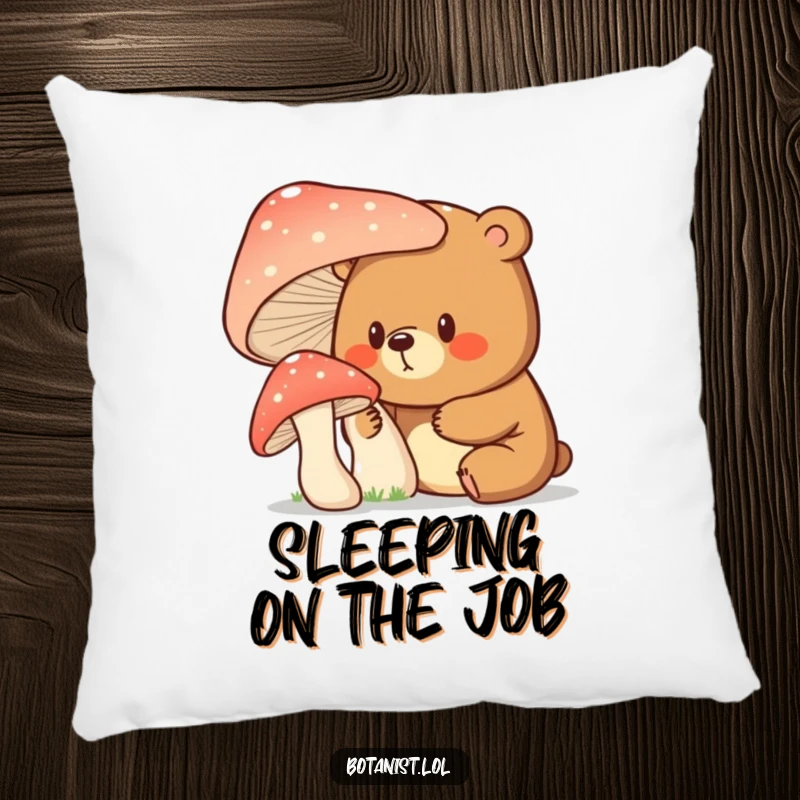 Funny bear with a surprised and curious expression examining a giant mushroom, featured on this soft and humorous pillow.