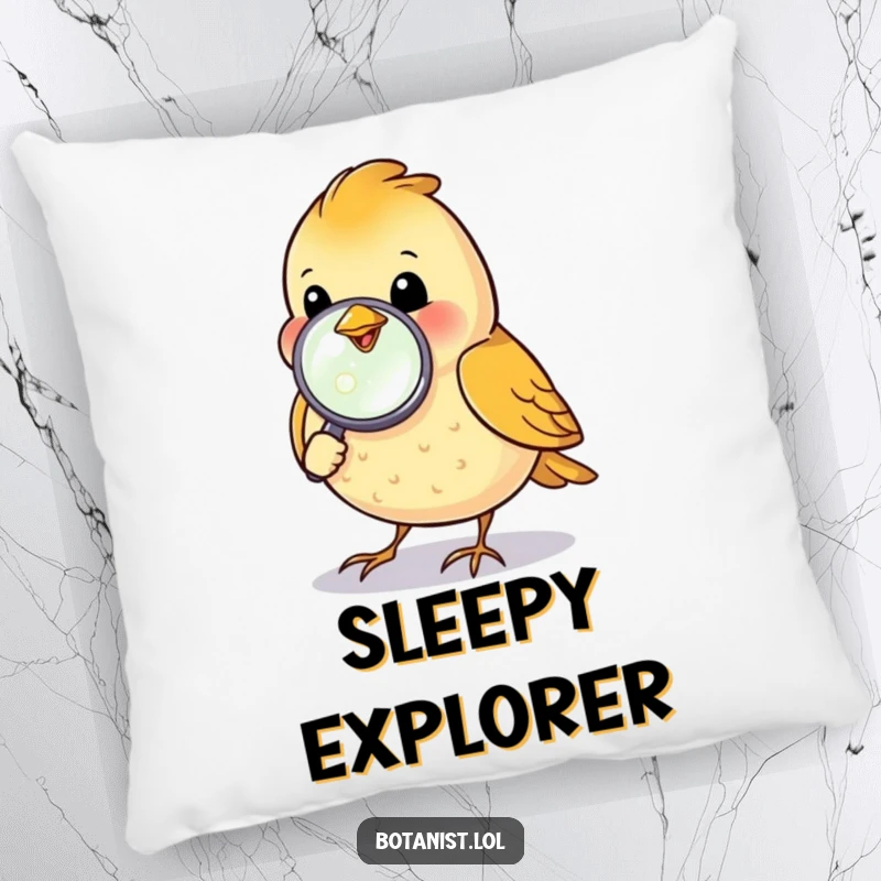 Funny bird inspecting a dewdrop with a magnifying glass, a soft and decorative pillow.