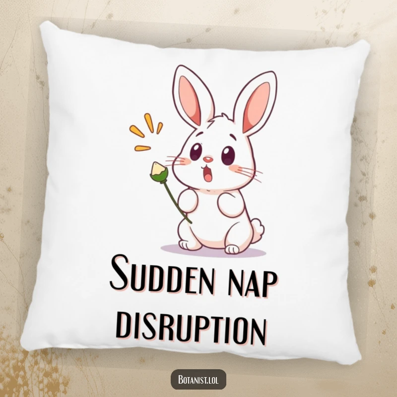 Funny pillow with a surprised bunny, wide-eyed and startled by a popping seed pod, offering comfort and a touch of humor.